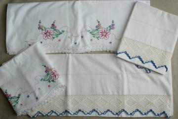 vintage white cotton pillowcases w/ crochet lace & embroidered flowers
