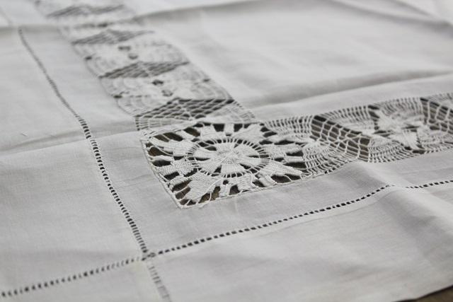 vintage white cotton tea table cloth with drawn thread embroidery lace insertion