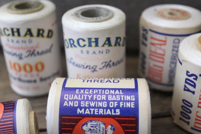 vintage white cotton thread w/ original paper labels, Big Deal & Orchard Brand spools