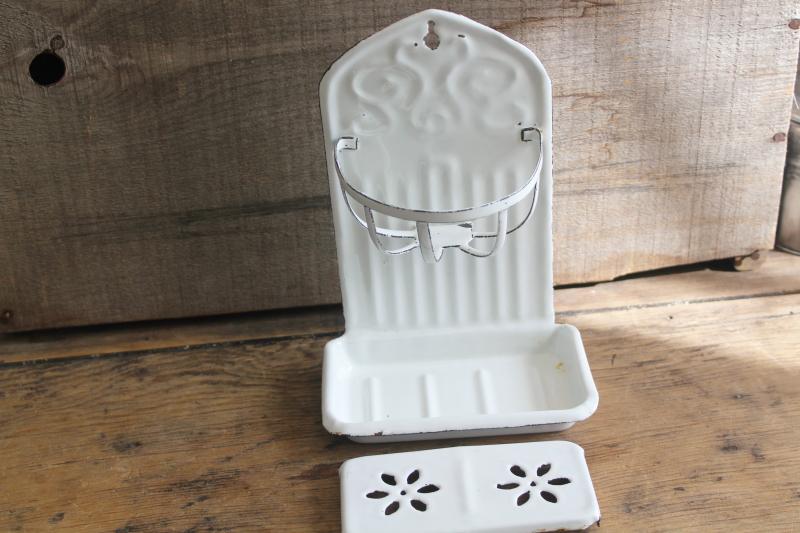 vintage white enamel wall mount soap dish sponge holder, french