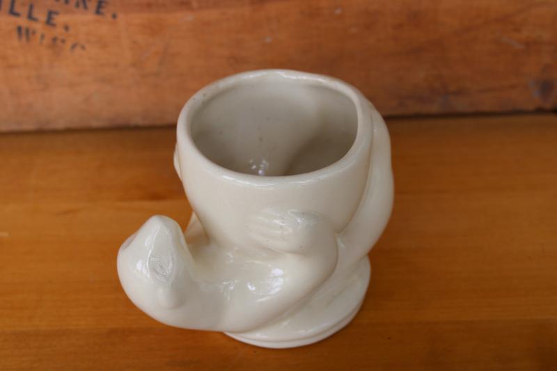 vintage white glaze pottery planter figural animal - sloth? otter? polar bear?