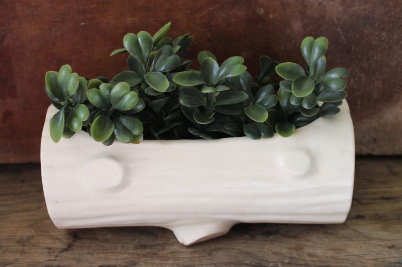 vintage white glaze pottery planter, gnomes holding log - McCoy? Shawnee?