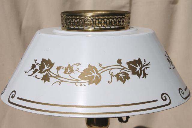 vintage white & gold tole table lamp with milk glass reflector & metal shade