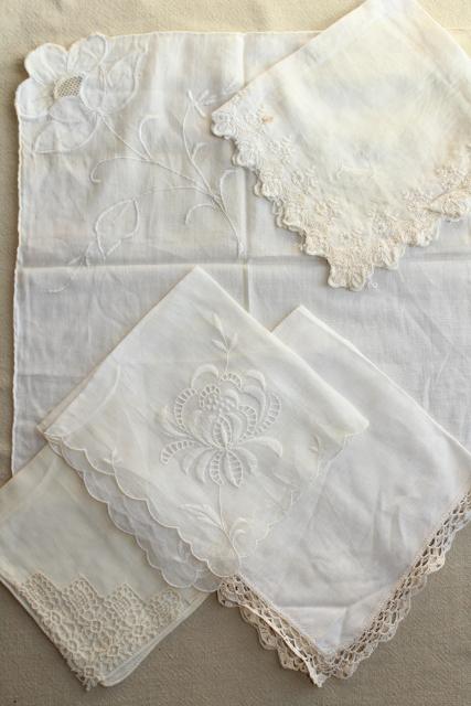 vintage white hankies lot, fine cotton & linen lace edged handkerchiefs Madeira & Swiss embroidery
