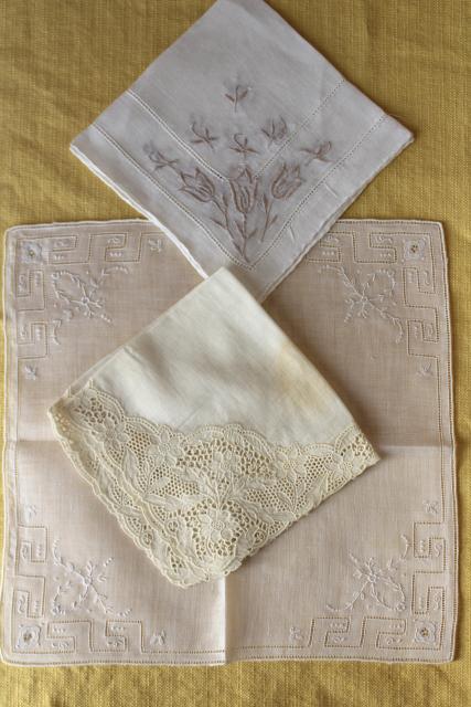 vintage white hankies lot, fine cotton & linen lace edged handkerchiefs Madeira and Swiss embroidery