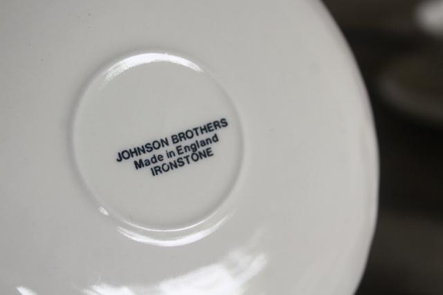 vintage white ironstone china, 8 tea cups & saucers Regency swirl, Johnson Bros England