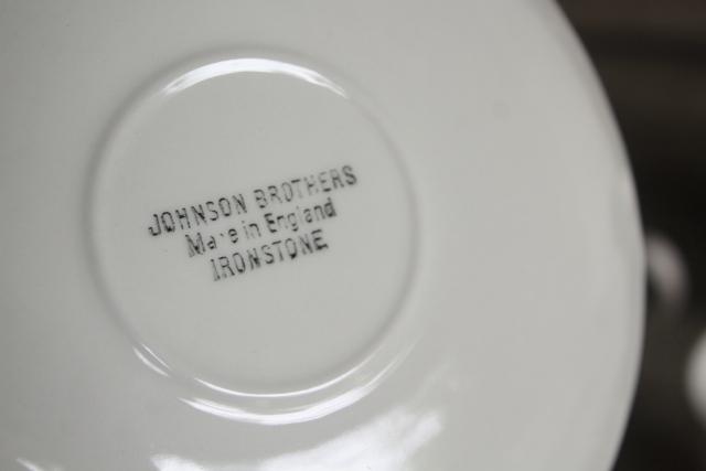 vintage white ironstone china, 8 tea cups & saucers Regency swirl, Johnson Bros England