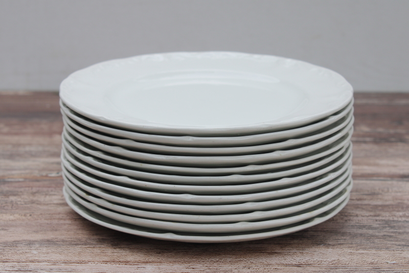 vintage white ironstone china w/ embossed border, English Staffordshire set of twelve 8 inch plates