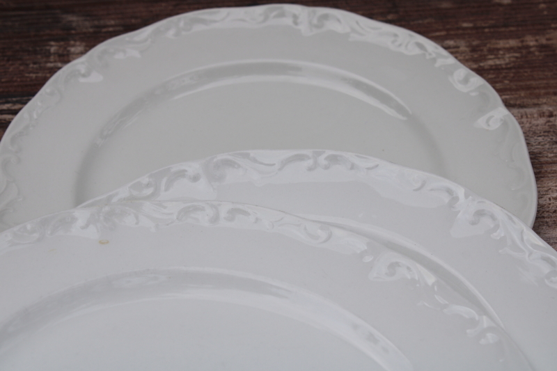 vintage white ironstone china w/ embossed border, English Staffordshire set of twelve 8 inch plates