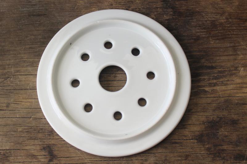 vintage white ironstone china strainer, round drainer plate, butter or cheese dish insert