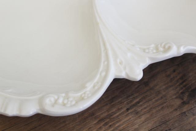vintage white ironstone relish tray, three part serving dish w/ handle ornate embossed shape