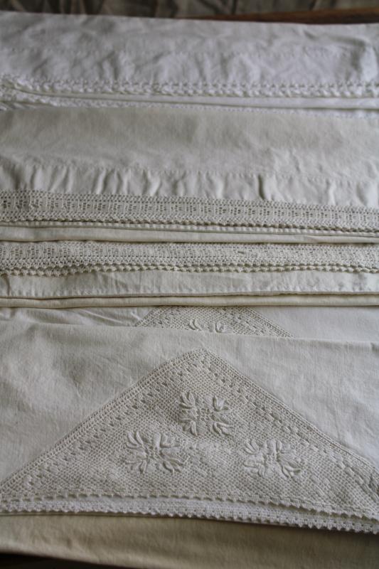 vintage white lace trimmed cotton pillowcases, lot of linens for upcycle sewing projects