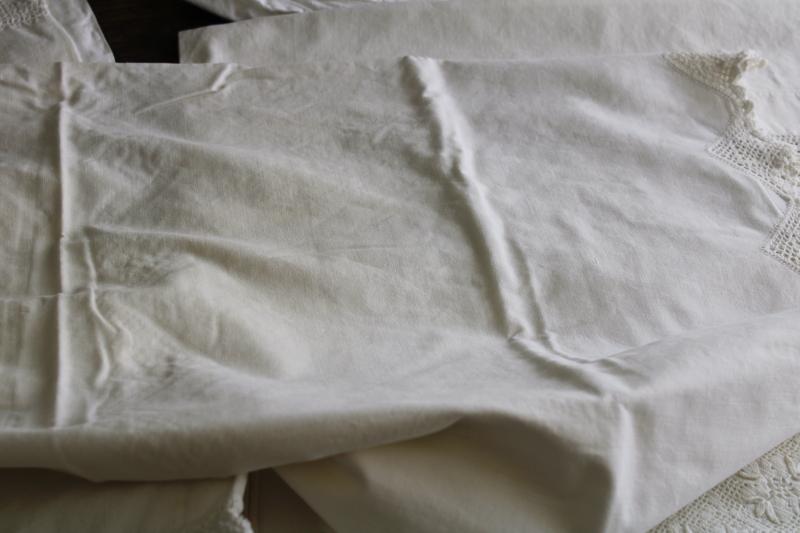vintage white lace trimmed cotton pillowcases, lot of linens for upcycle sewing projects