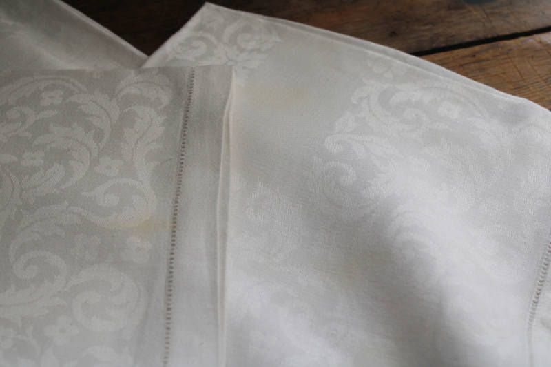 vintage white linen damask dinner napkins set of 8, smooth crisp pure linen fabric