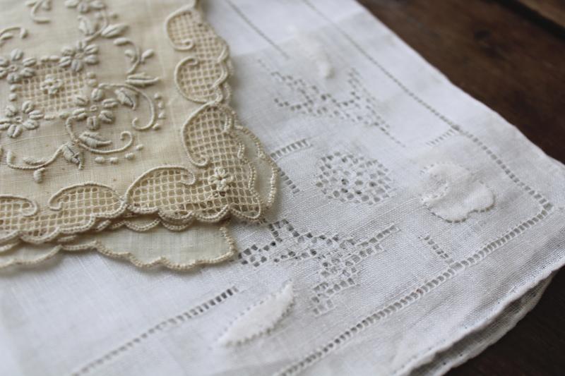 vintage white linen hankies w/ Madeira embroidery fancywork lace edging