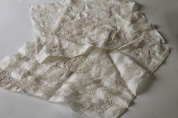 vintage white linen table mats or napkins, Madeira style needle lace embroidery  drawn thread