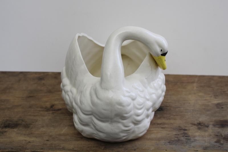 vintage white swan planter or flower pot, made in Japan hand painted ceramic 