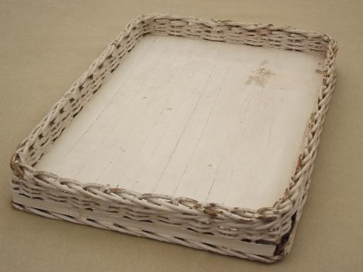 vintage white wicker tray, shabby cottage perfume tray for vanity table