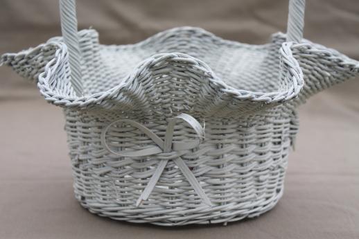 vintage white wicker wedding flower basket, brides basket or for a flower girl