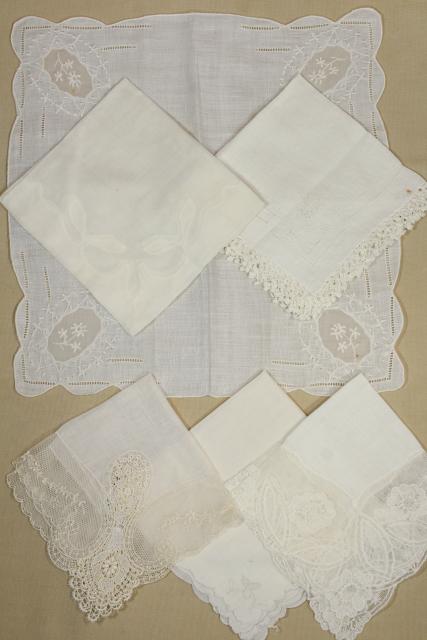 vintage whitework handkerchiefs fine cotton & linen lace & embroidery, bridal hankies lot
