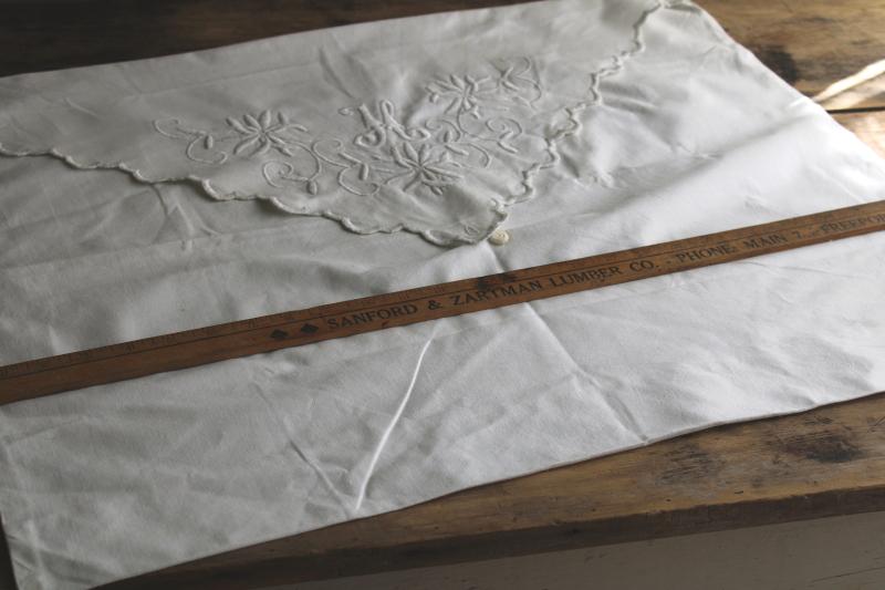 vintage whitework monogram embroidered cotton pillow sham or envelope bag for linens