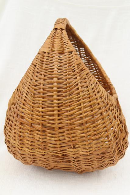 vintage wicker basket, round hoop handle market basket or sewing basket