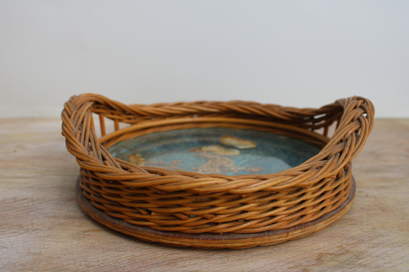 vintage wicker basket tray w/ butterfly, natural dried pressed flowers