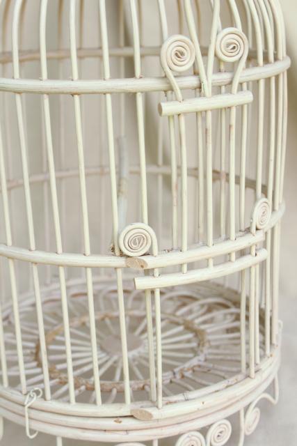 vintage wicker birdcage w/ old white paint, rattan basket weave bird cage plant hanger