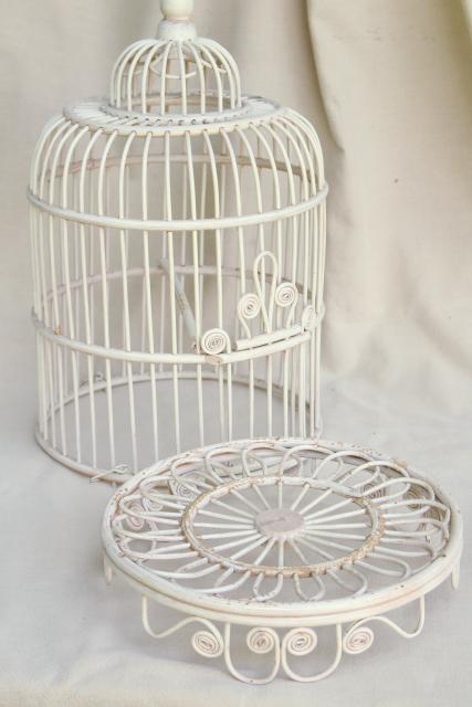 vintage wicker birdcage w/ old white paint, rattan basket weave bird cage plant hanger