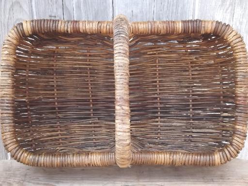 vintage wicker market basket, big old primitive gathering basket 