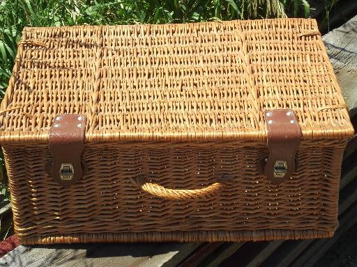 vintage wicker picnic basket, suitcase hamper w/ faux leather clasps