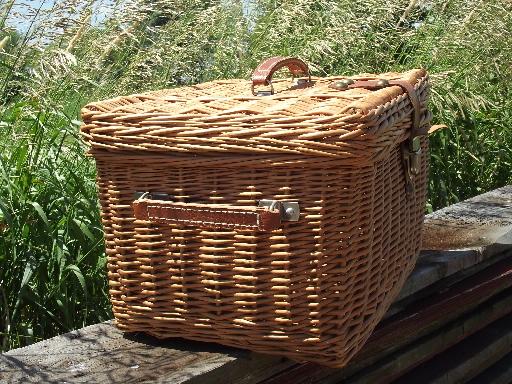 vintage wicker picnic basket, suitcase hamper w/ faux leather handles