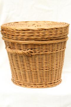 vintage wicker sewing basket / storage hamper, flat table top round basket for needlework