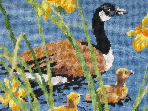vintage wildlife print needlepoint picture, Canada geese in wood frame