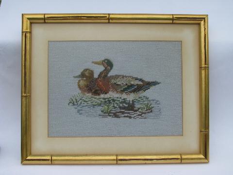 vintage wildlife print needlepoint pictures, ducks in french gold wood frames