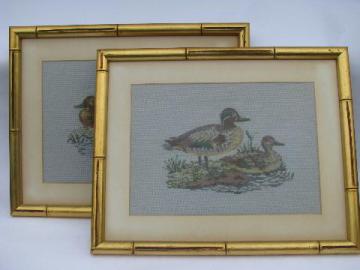 vintage wildlife print needlepoint pictures, ducks in french gold wood frames