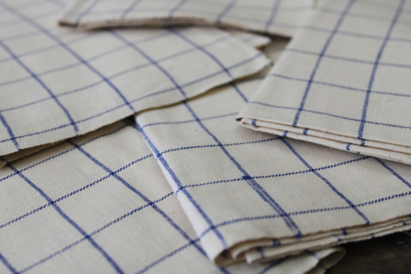 vintage windowpane checked linen kitchen dish towels blue  white french country style