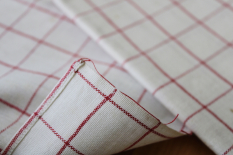 vintage windowpane checked linen kitchen dish towels red  white french country style