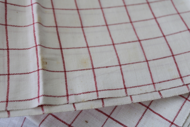 vintage windowpane checked linen kitchen dish towels red  white french country style