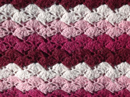 vintage wine and pink raspberry ripple striped handmade crochet afghan