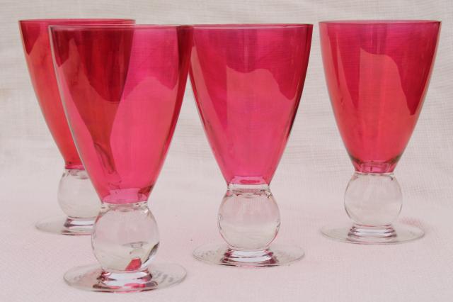 vintage wine glasses, cranberry ruby red stain bowl on crystal clear ball stems