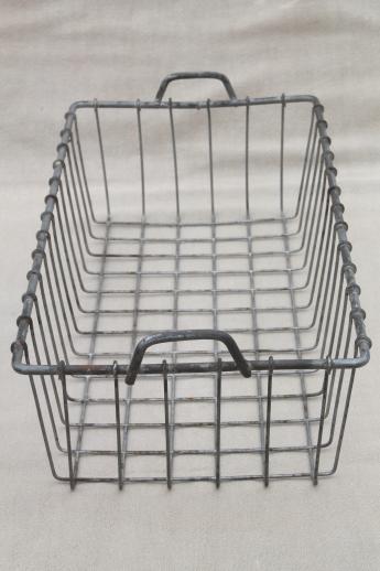 vintage wire basket, rustic industrial style storage bin for desk or mod shelving