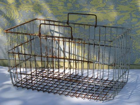 vintage wire bin w/ handles, old dairy bottle carrier basket, kitchen / pantry storage