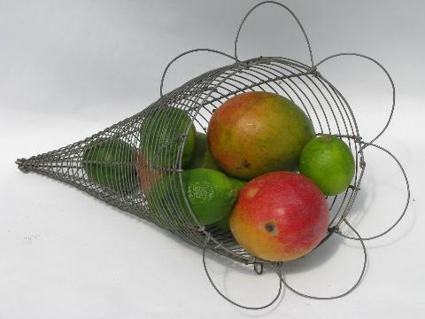vintage wirework fruit basket, wire work cornucopia horn of plenty