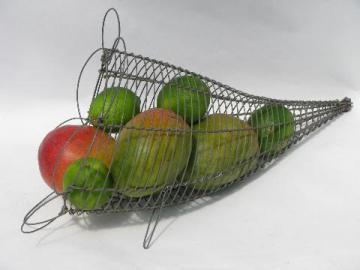 vintage wirework fruit basket, wire work cornucopia horn of plenty