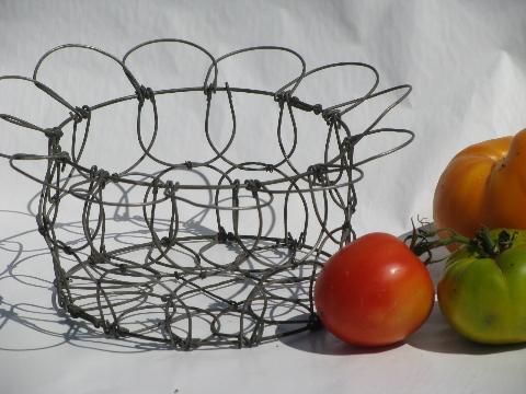 vintage wirework kitchen garden basket, collapsible old wire egg basket