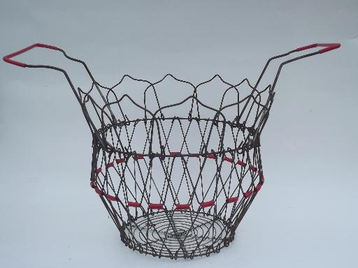 vintage wirework kitchen garden basket, collapsible old wire egg basket