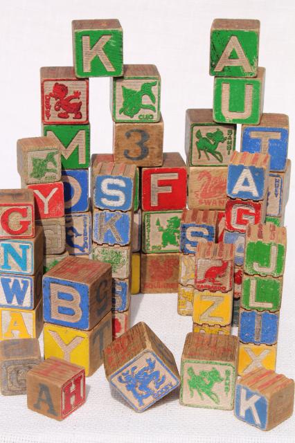 vintage wood alphabet blocks, lot primitive worn old children's letter  blocks spelling toy