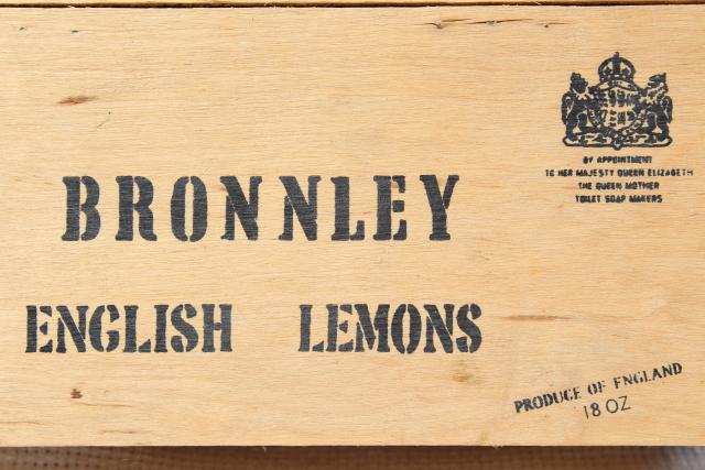 vintage wood box store counter display case, Bronnley English Lemon soap w/ Royal warrant 