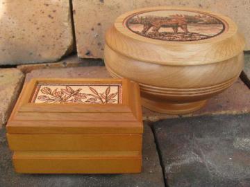 vintage wood boxes, Coppercraft etched copper moose, dragonfly engravings